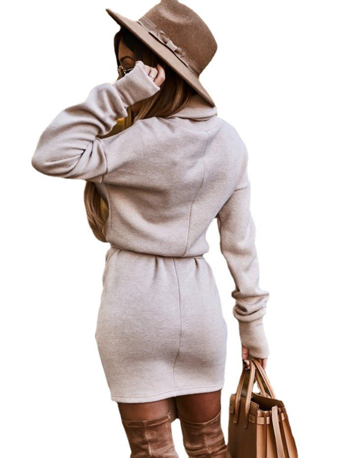 Sarah Express Women's High Collar Belted Dress Long Sleeve Cotton Pullover Mid Waist