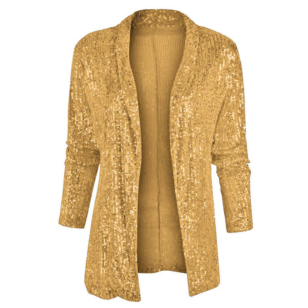 Women's Sequin Long Sleeve Blazer Jacket Polo Collar Mid-Length