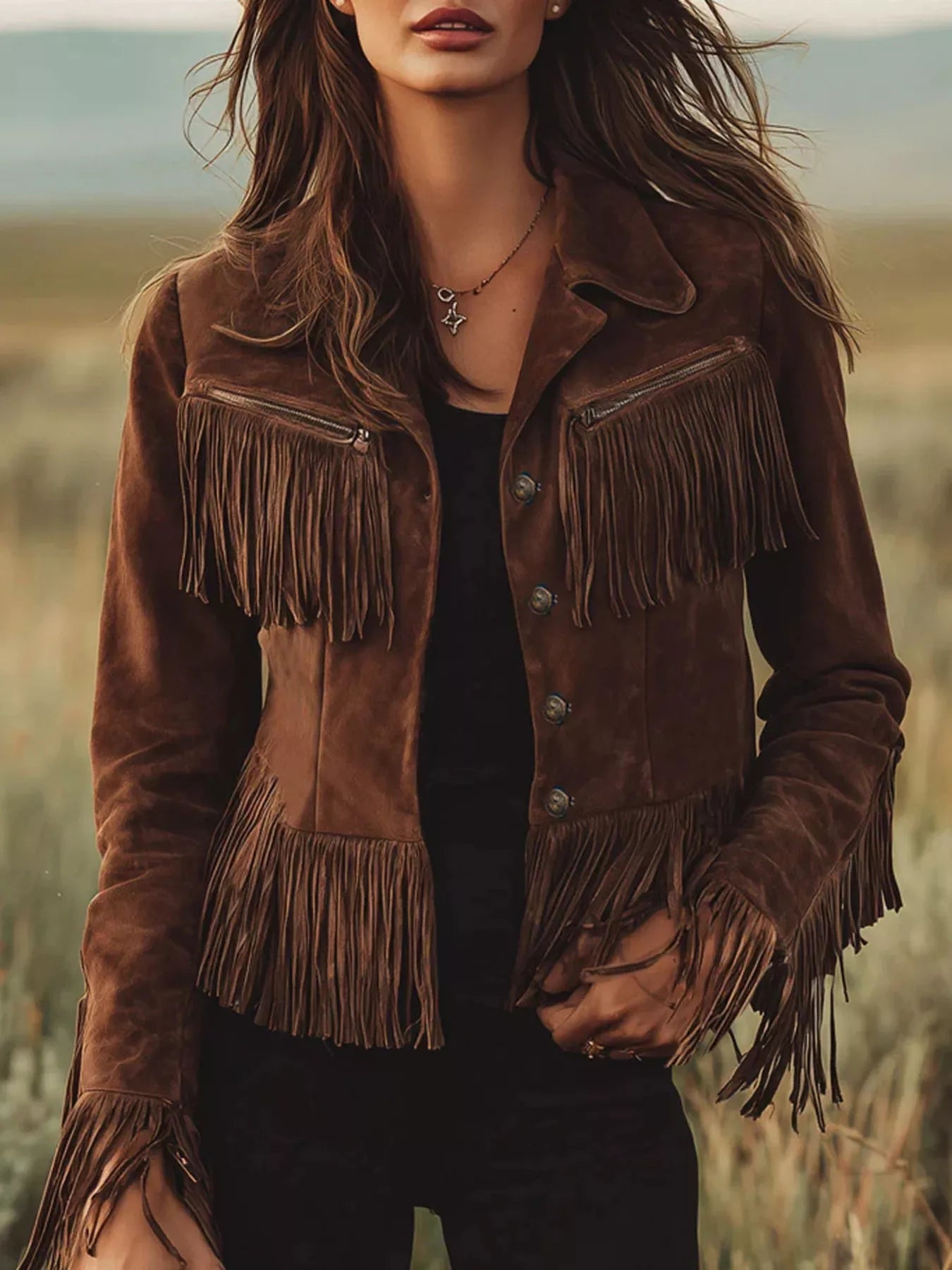 Sarah Express Women's Suede Fringe Button Up Jacket Brown
