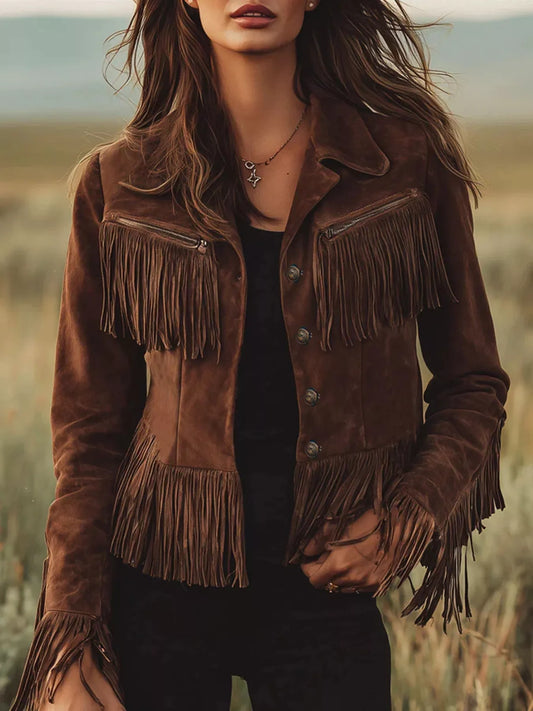 Sarah Express Women's Suede Fringe Button Up Jacket Brown