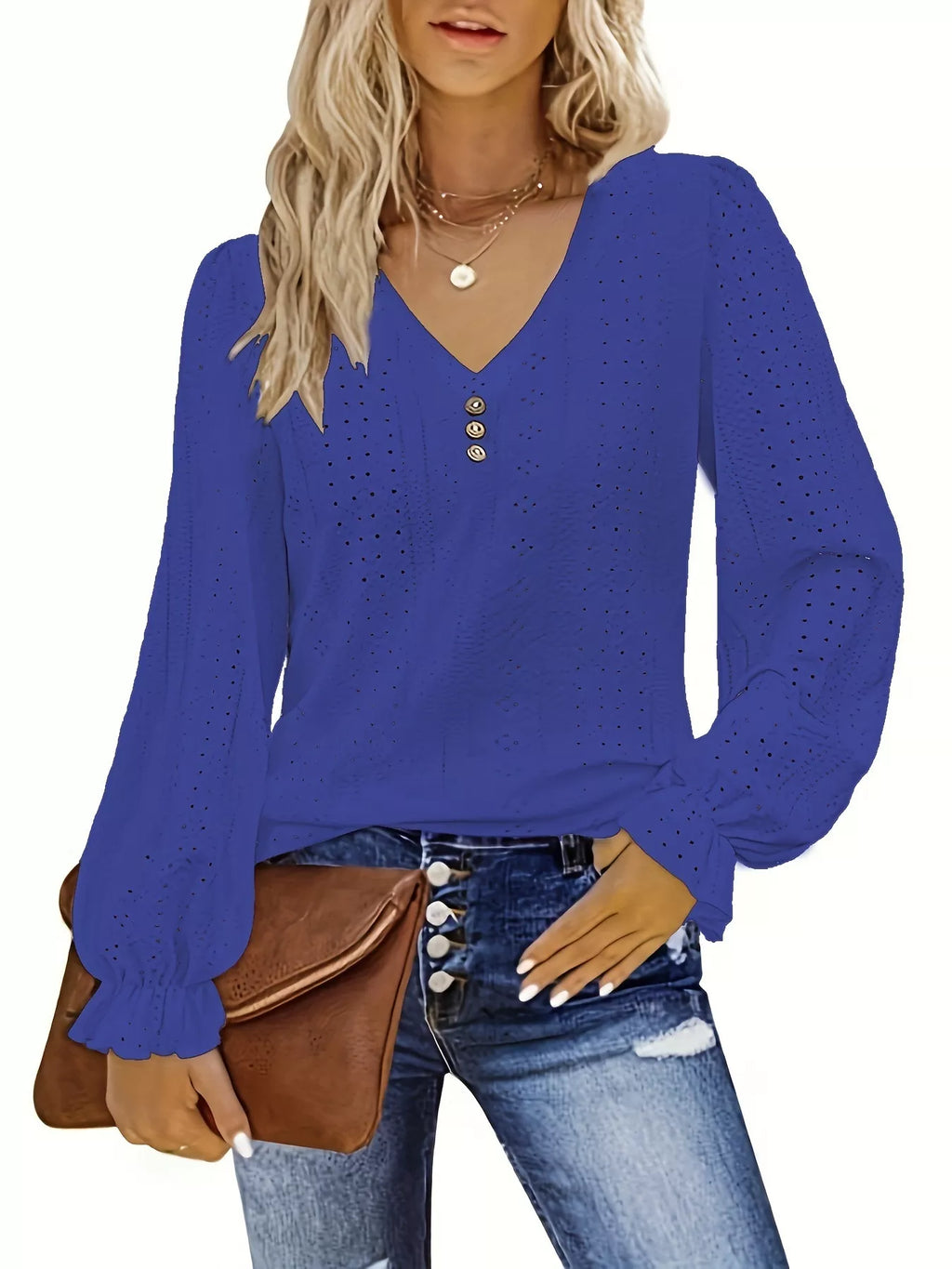 Sarah Express Women's Plus Size Eyelet V-Neck Flounce Sleeve Blouse Blue