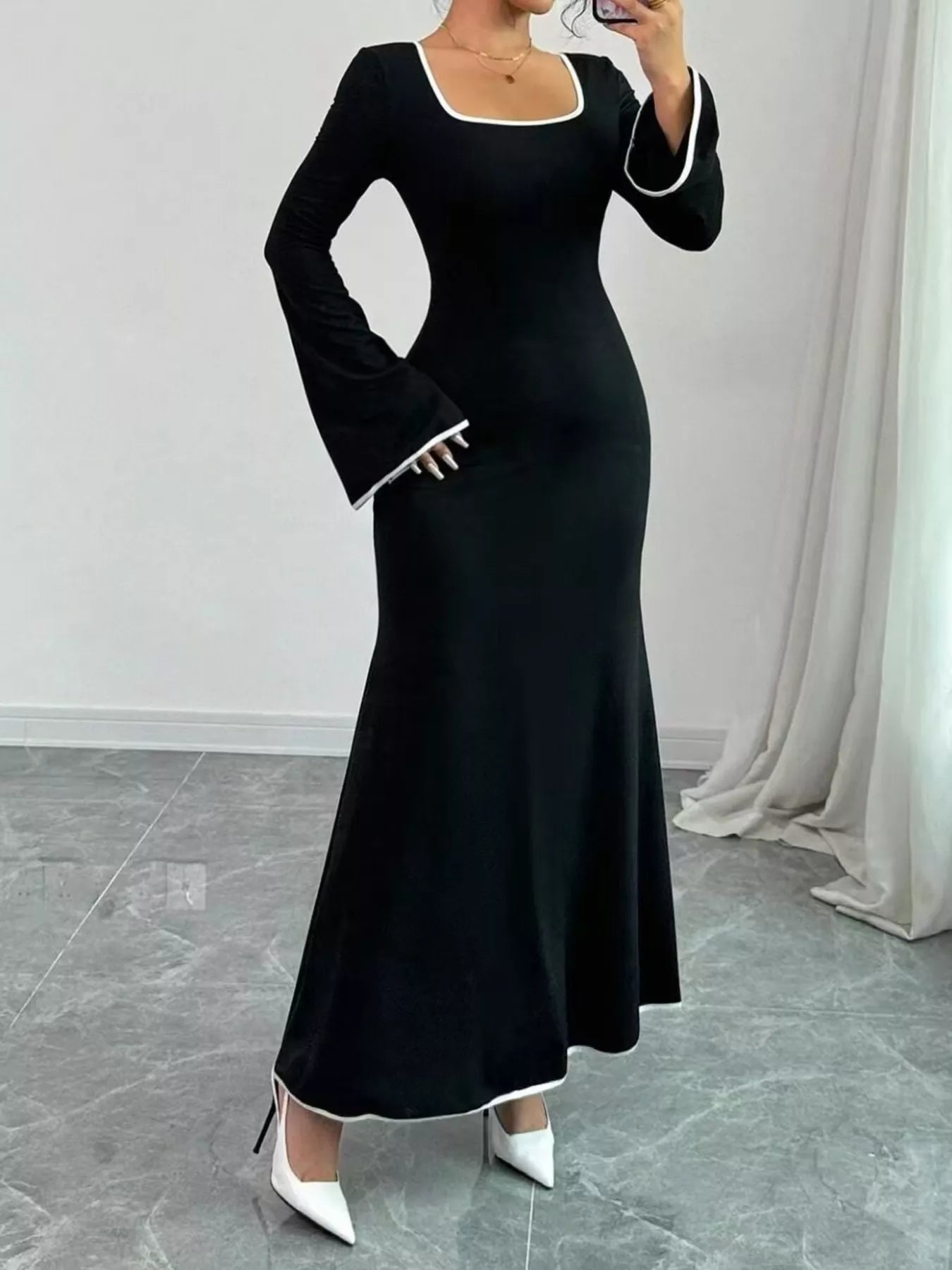 Sarah Express Women's Square Neck Flare Sleeve Maxi Dress Black