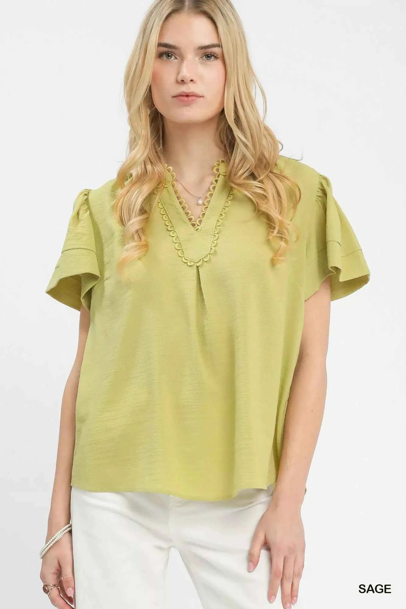 Sarah Express Women's Seersucker Short Sleeve Top with Lace Trim SAGE