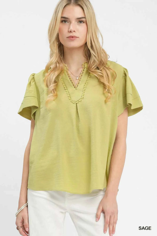 Sarah Express Women's Seersucker Short Sleeve Top with Lace Trim SAGE