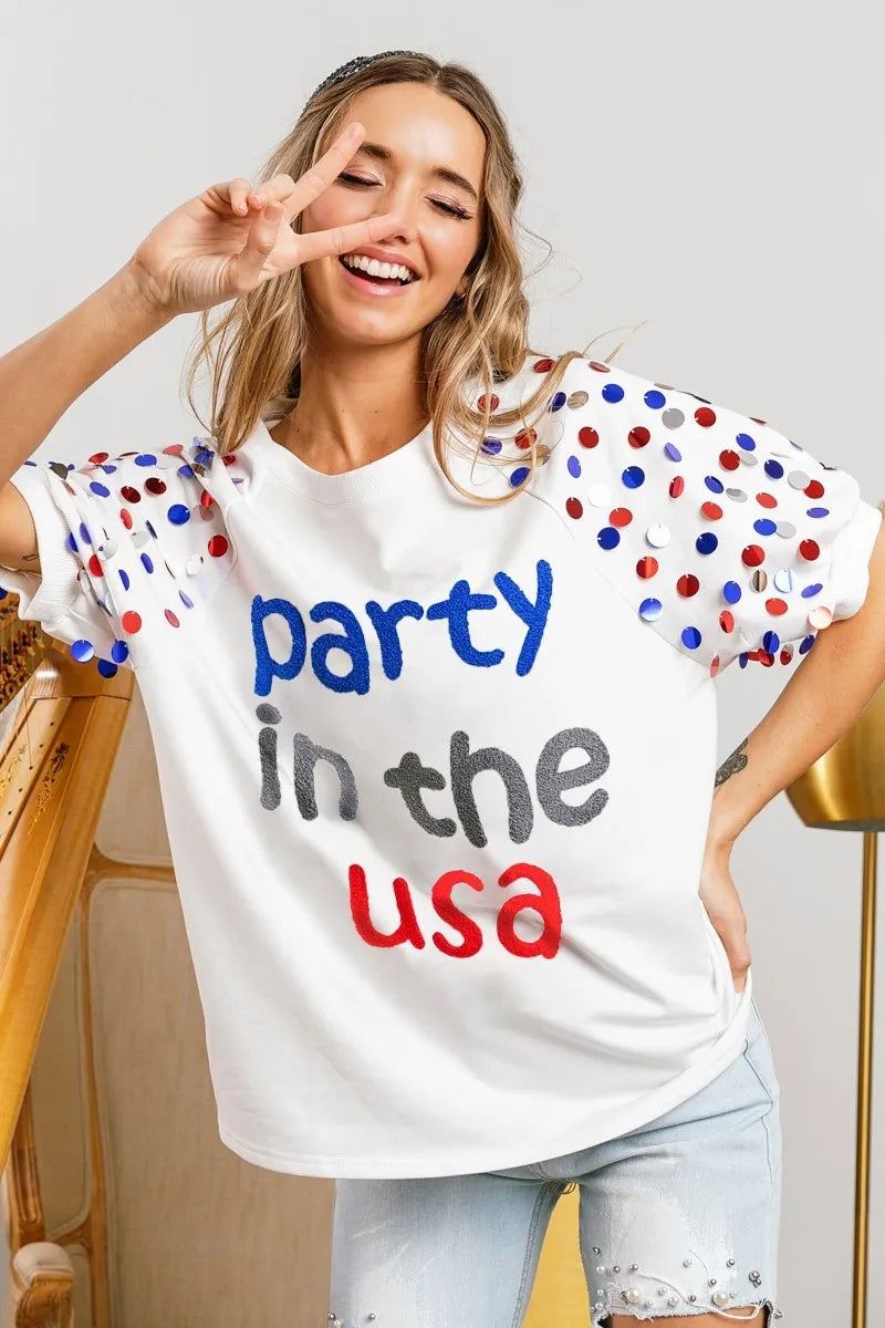 Sarah Express Women’s "Party In The USA" Spangle Puff Sleeve Top