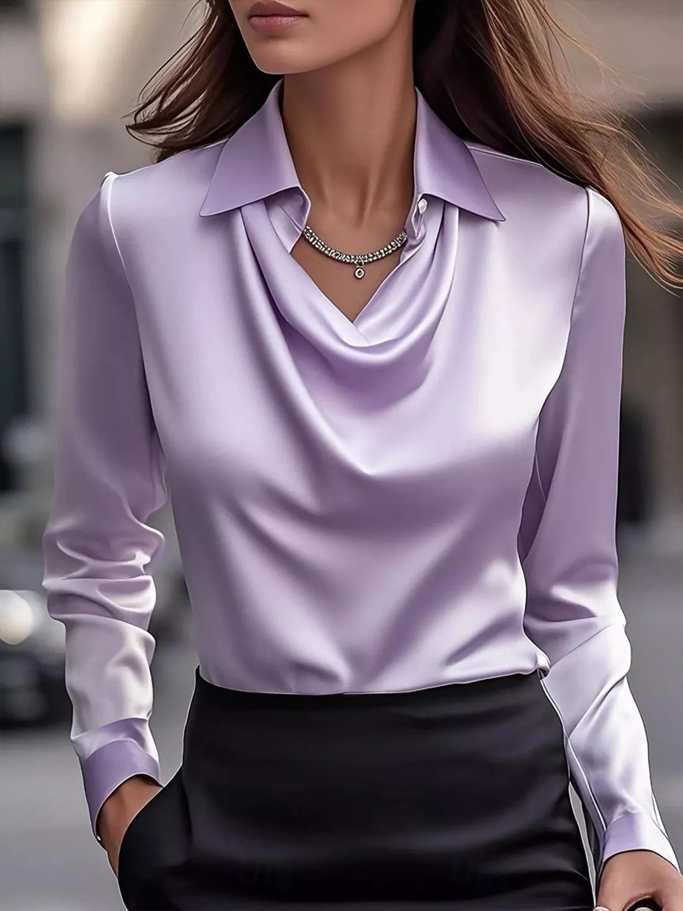 Sarah Express Women's Ruched Long Sleeve Drape Collar Blouse Purple
