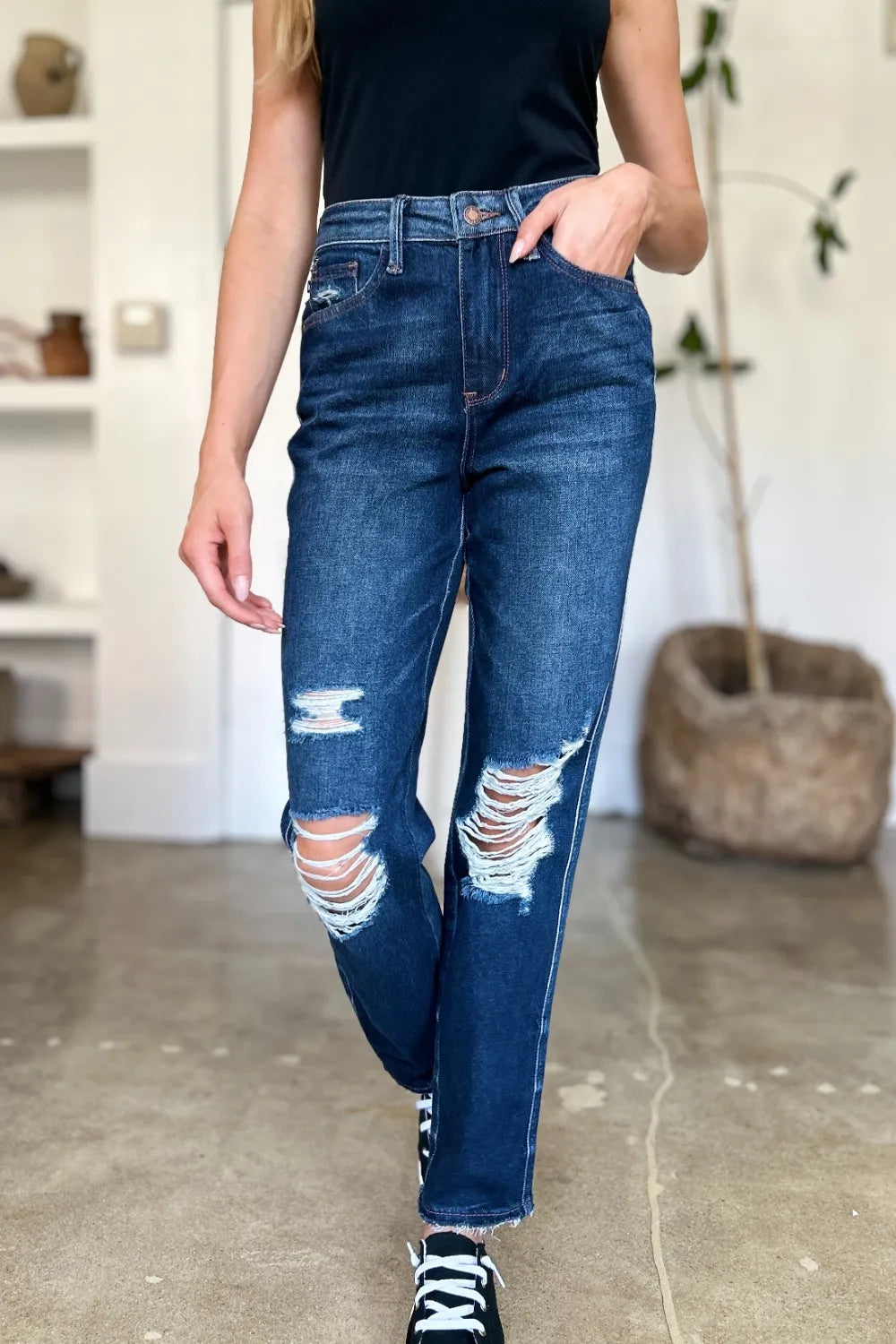 Sarah Express Women’s Plus Size High Waist Heavy Destroy Straight Jeans