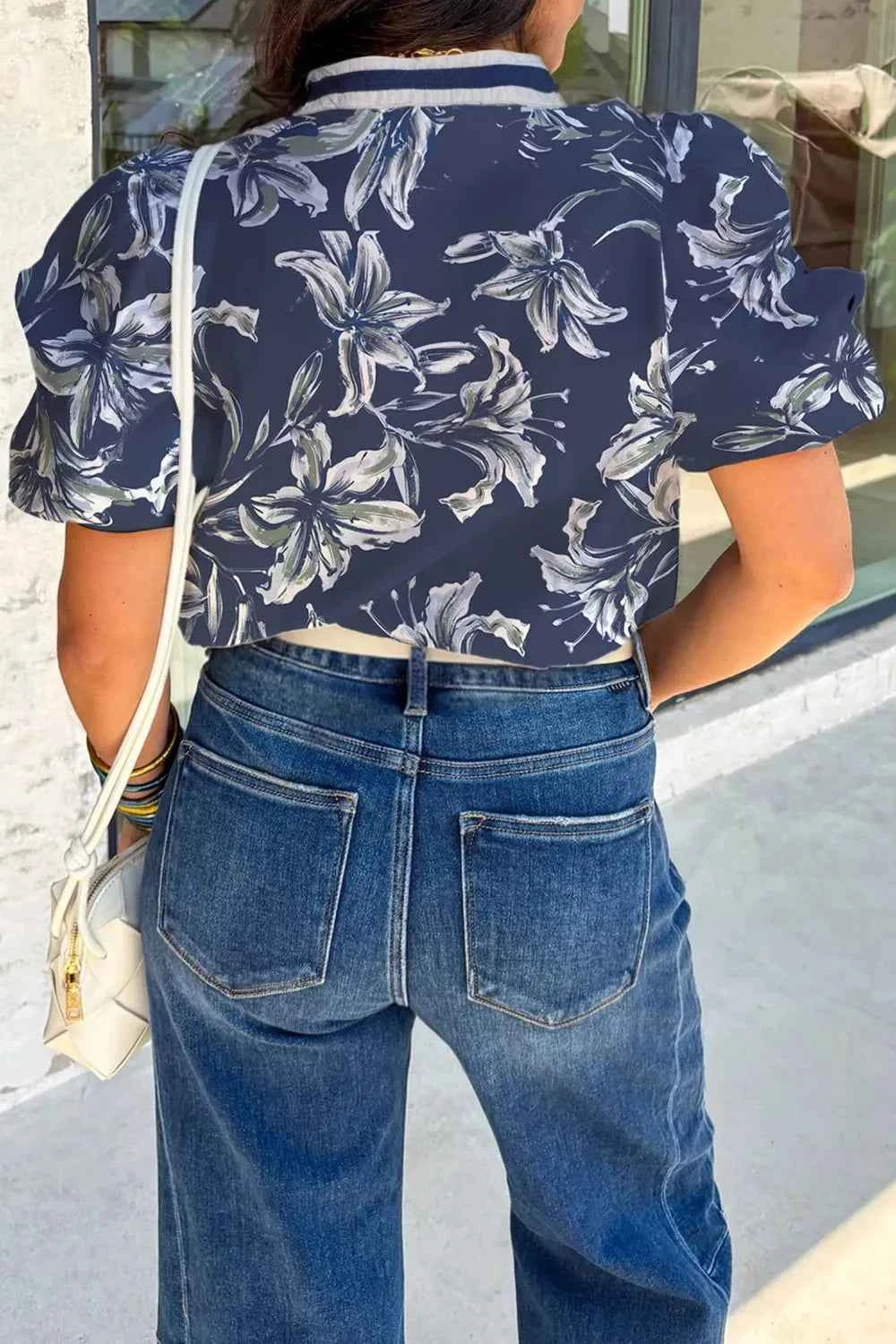 Sarah Express Women's Floral Print Puff Sleeve V-Neck Blouse with Striped Trim