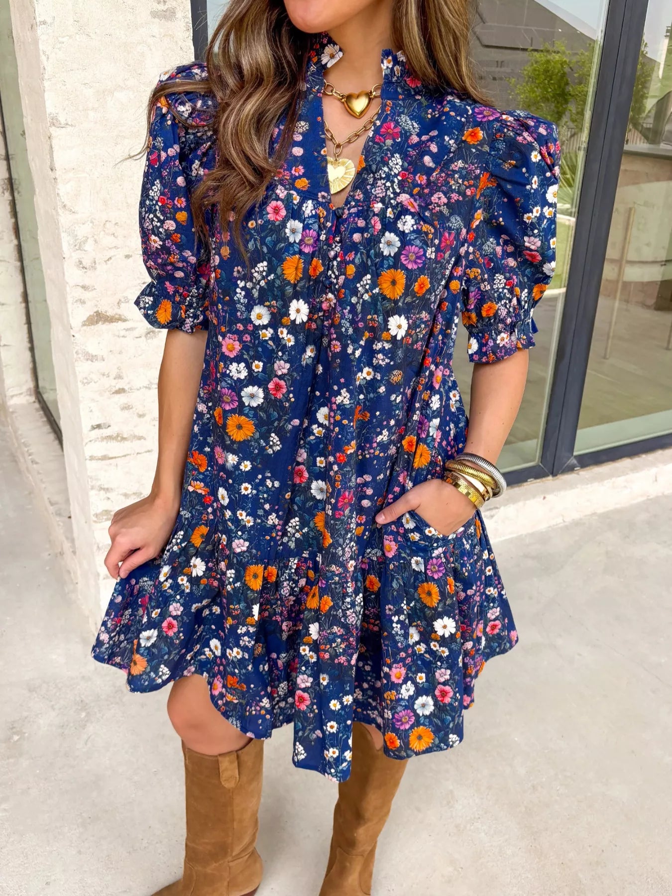 Sarah Express Women's Floral Print Ruffle Hem Mini Dress Short Sleeve Cotton Blend Summer Dress