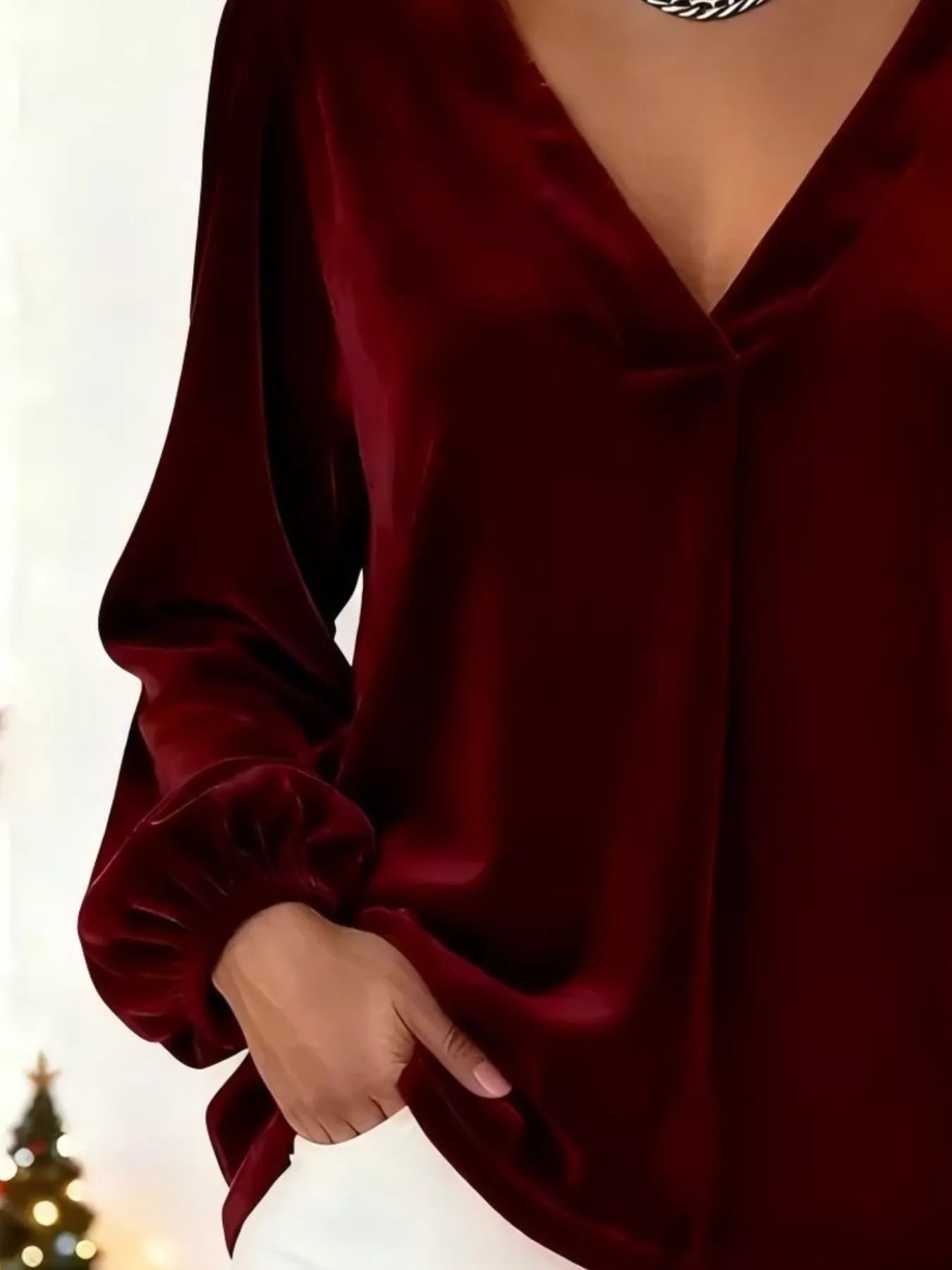 Sarah Express Women's Velvet V-Neck Balloon Sleeve Blouse