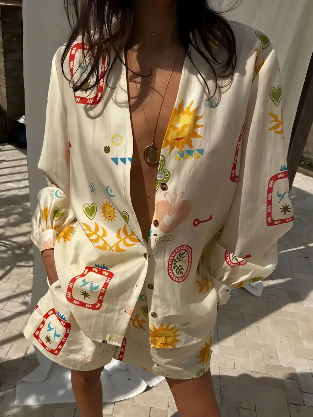 Sarah Express Women's Printed Long Sleeve Shirt and Shorts Set Beige