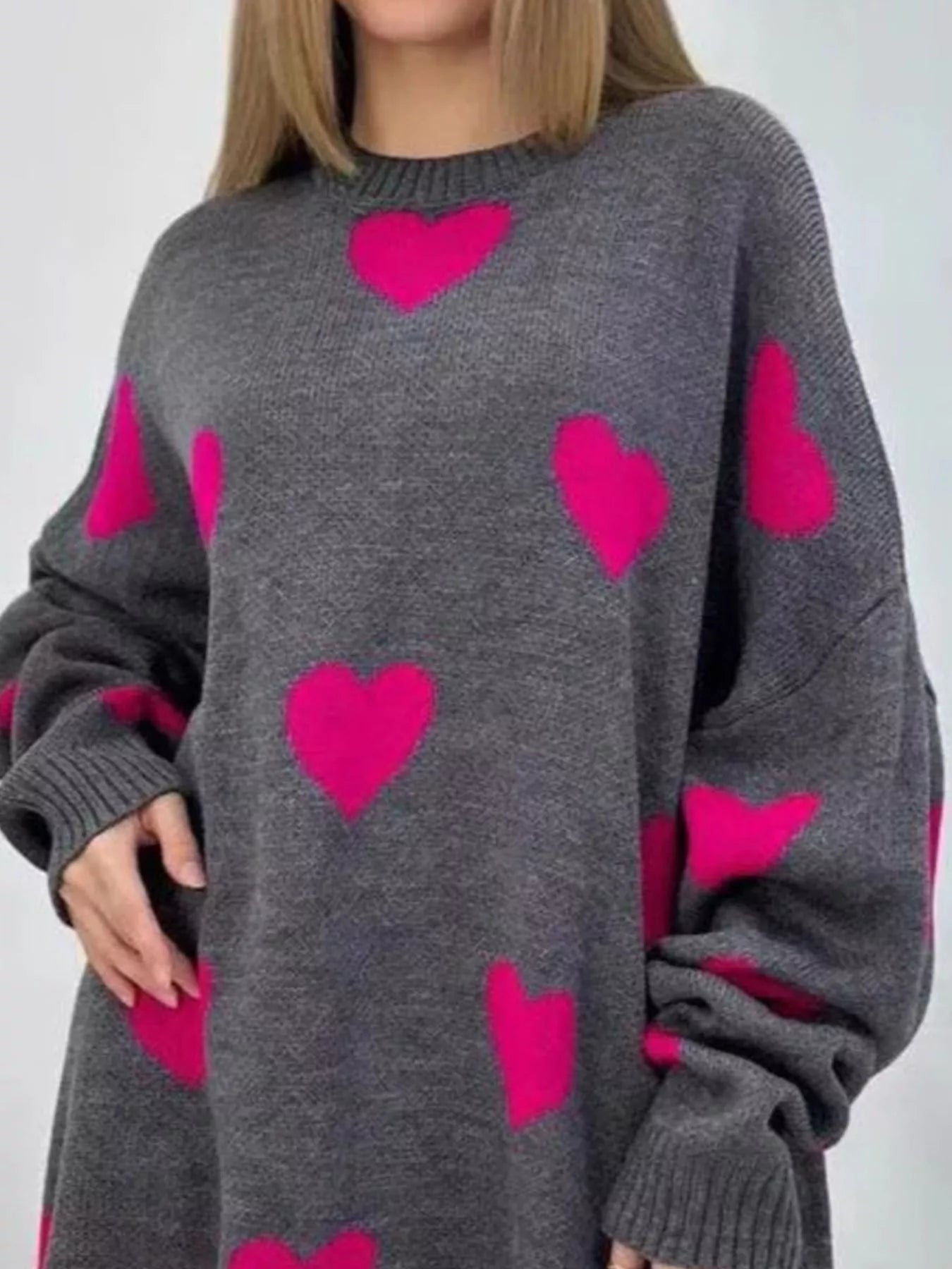 Sarah Express Women's Heart Round Neck Oversized Knit Sweater