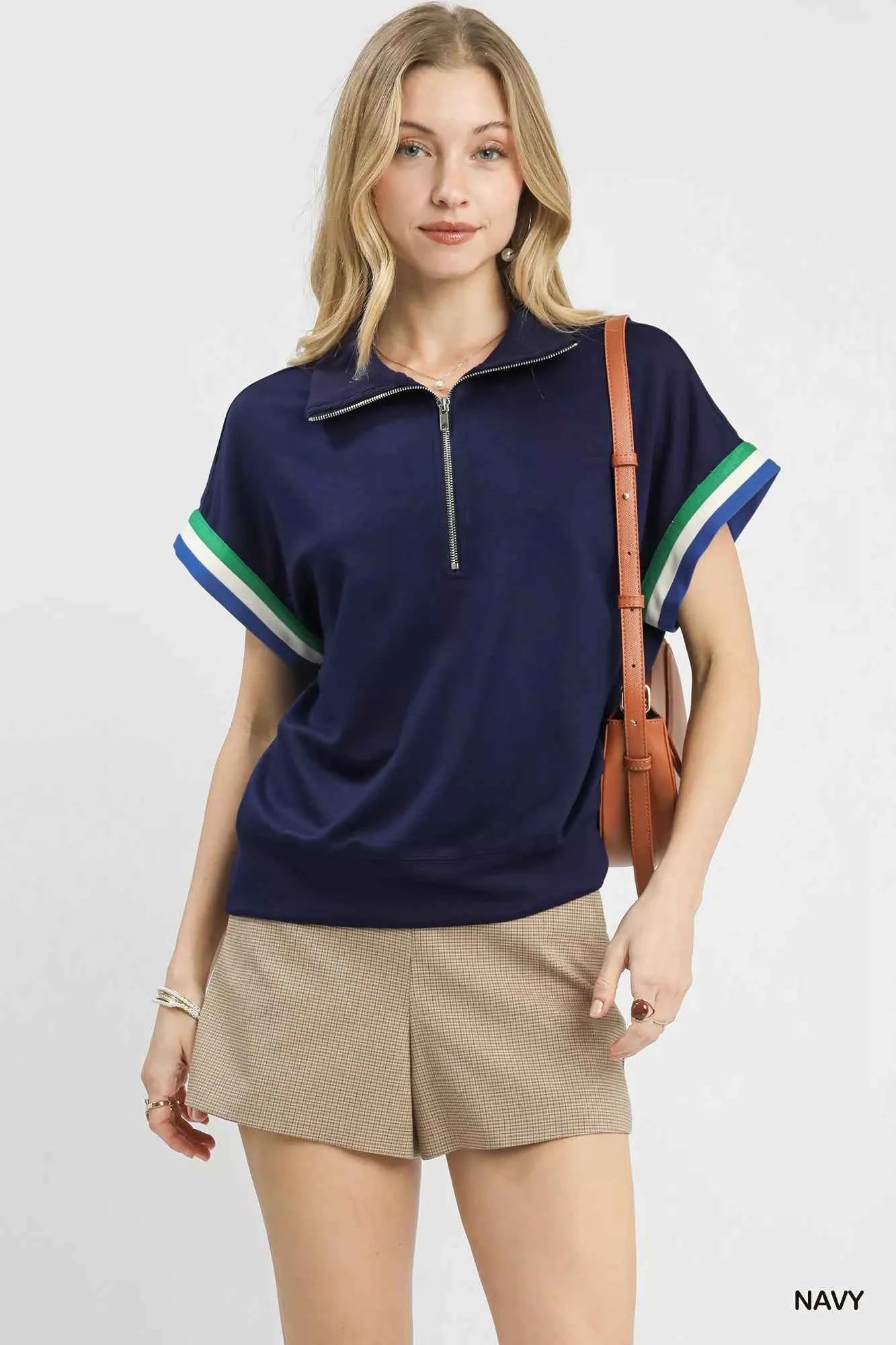Sarah Express Women's Zip Front Casual Top with Contrast Stripe Trim - Ribbed Hem Short Sleeve NAVY