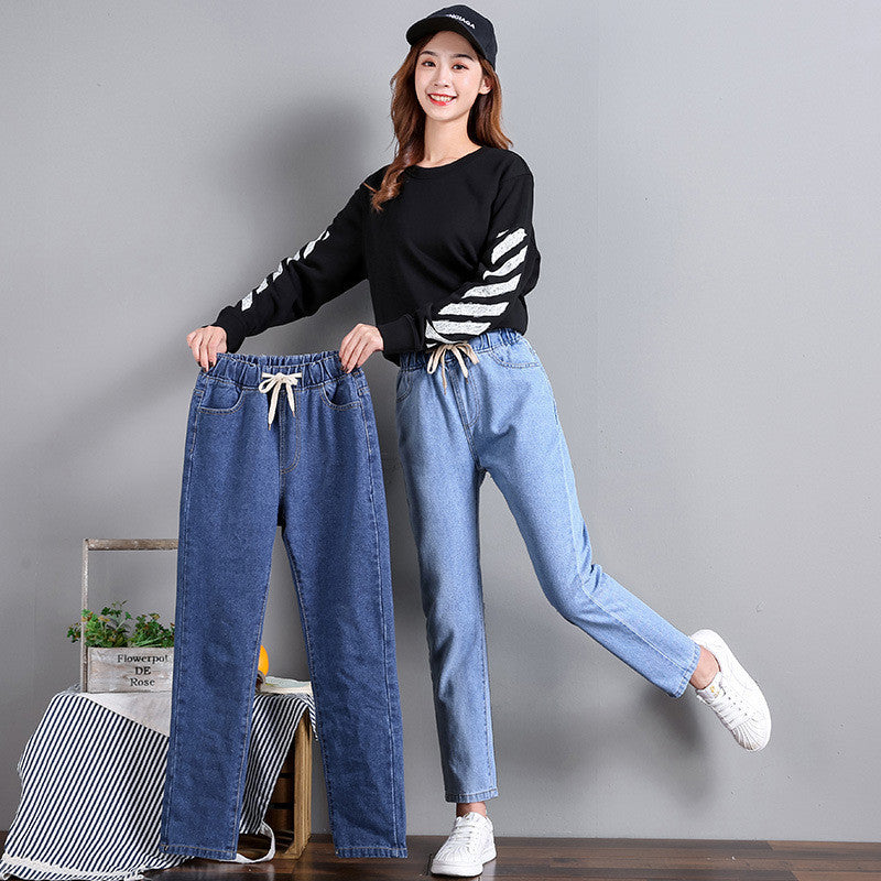 Sarah Express Women's High Waist Straight Leg Cropped Denim Jeans Elastic Waist