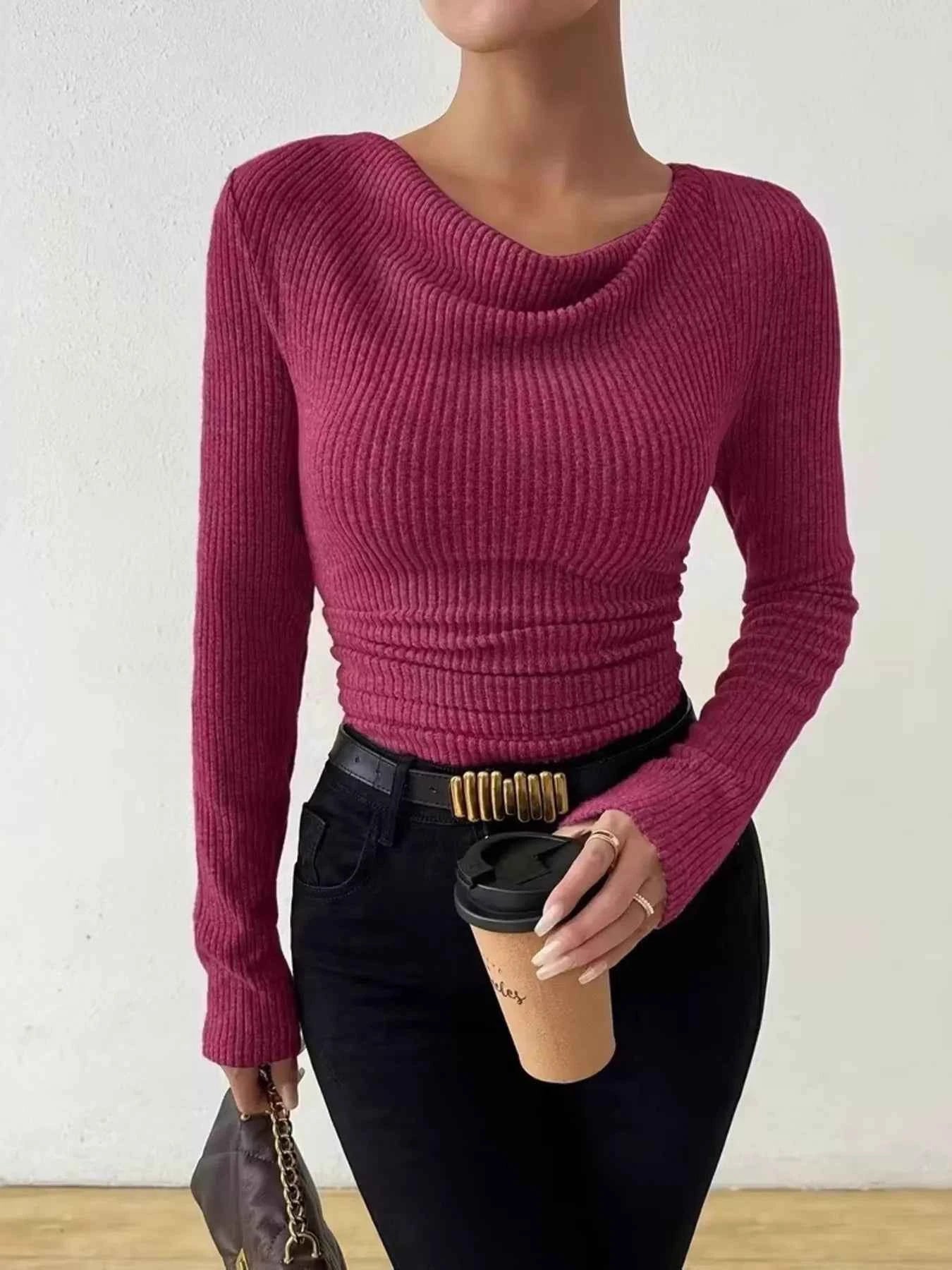 Sarah Express Women's Cowl Neck Ribbed Long Sleeve Sweater - Ruched Pullover Top