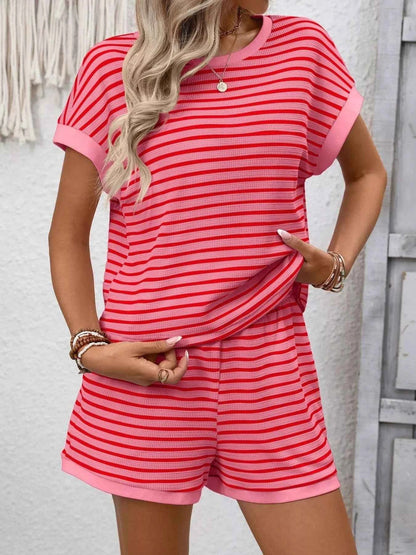 Sarah Express Women's Striped Round Neck Top and Shorts Set - Casual Two Piece Outfit