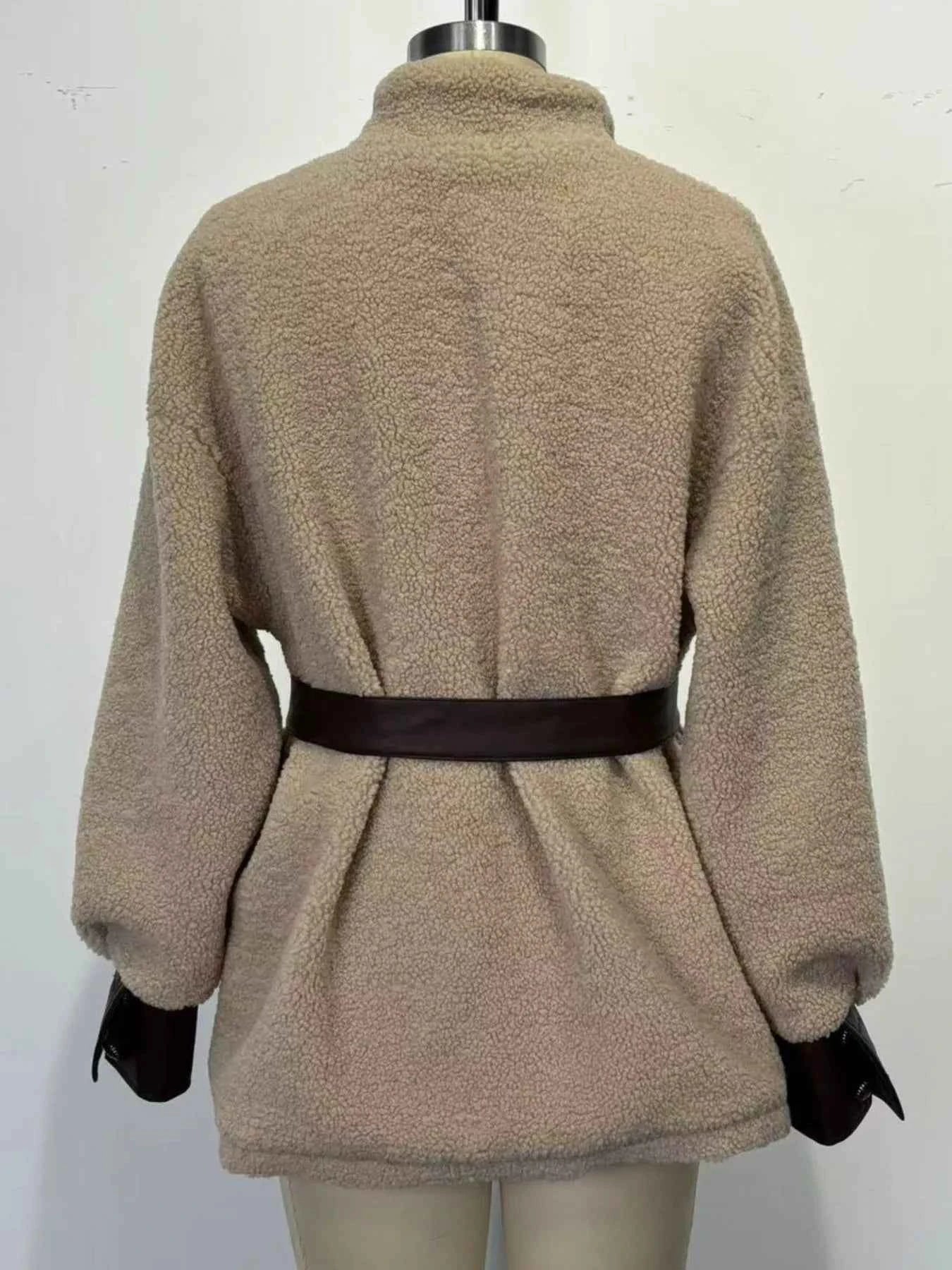 Sarah Express Women's Leather Trim Sherpa Jacket with Pockets - Belted Outerwear Coat