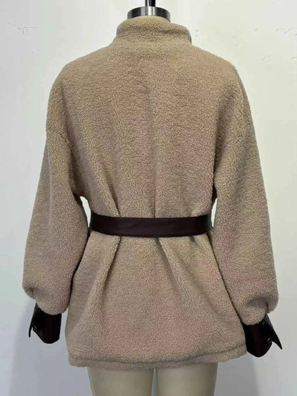 Sarah Express Women's Leather Trim Sherpa Jacket with Pockets - Belted Outerwear Coat