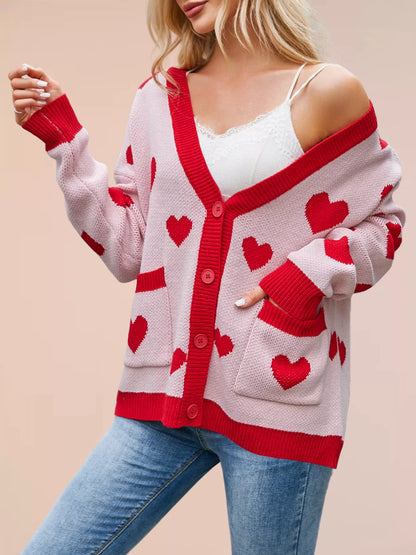 Sarah Express Women's Heart Pattern Button-Up Knit Cardigan