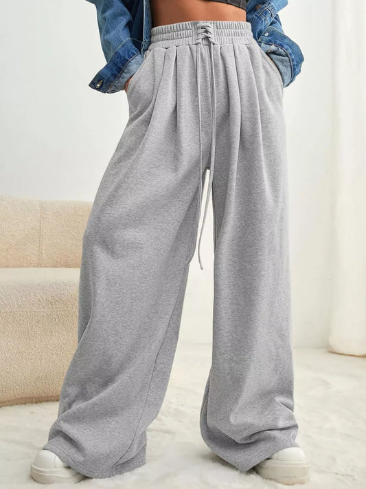 Sarah Express Women's Drawstring Waist Wide Leg Pants Light Gray