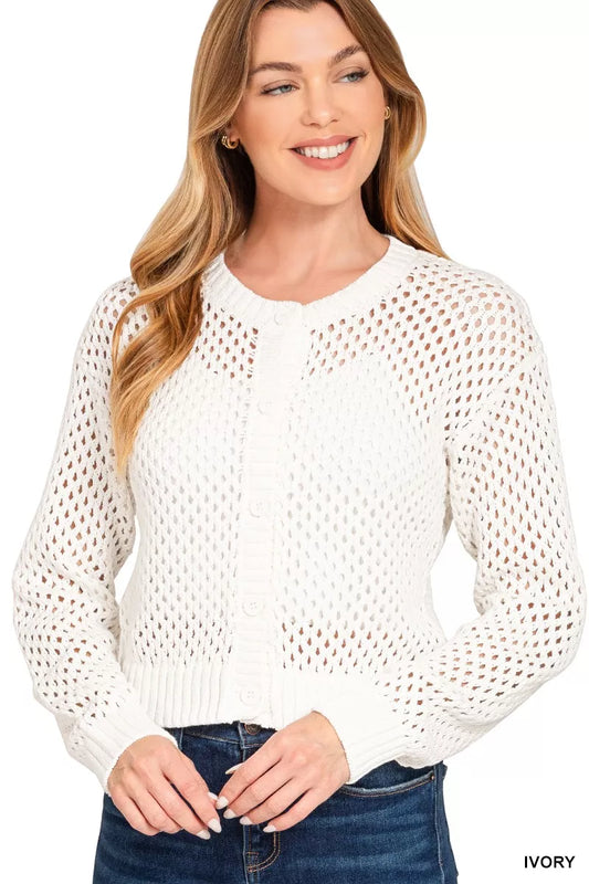 Sarah Express Women's Button Down Lightweight Crochet Cardigan Sweater IVORY