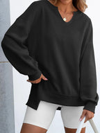 Sarah Express Women's Notched Long Sleeve Oversized Sweatshirt