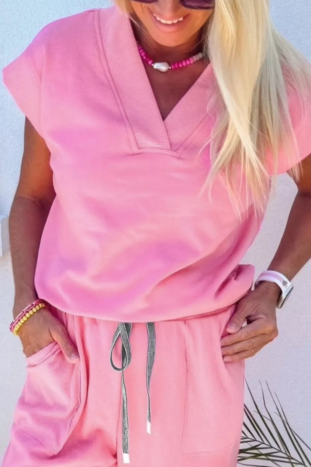 Sarah Express Women's V-Neck Tee and Drawstring Pants Two Piece Set - Casual Loungewear Outfit