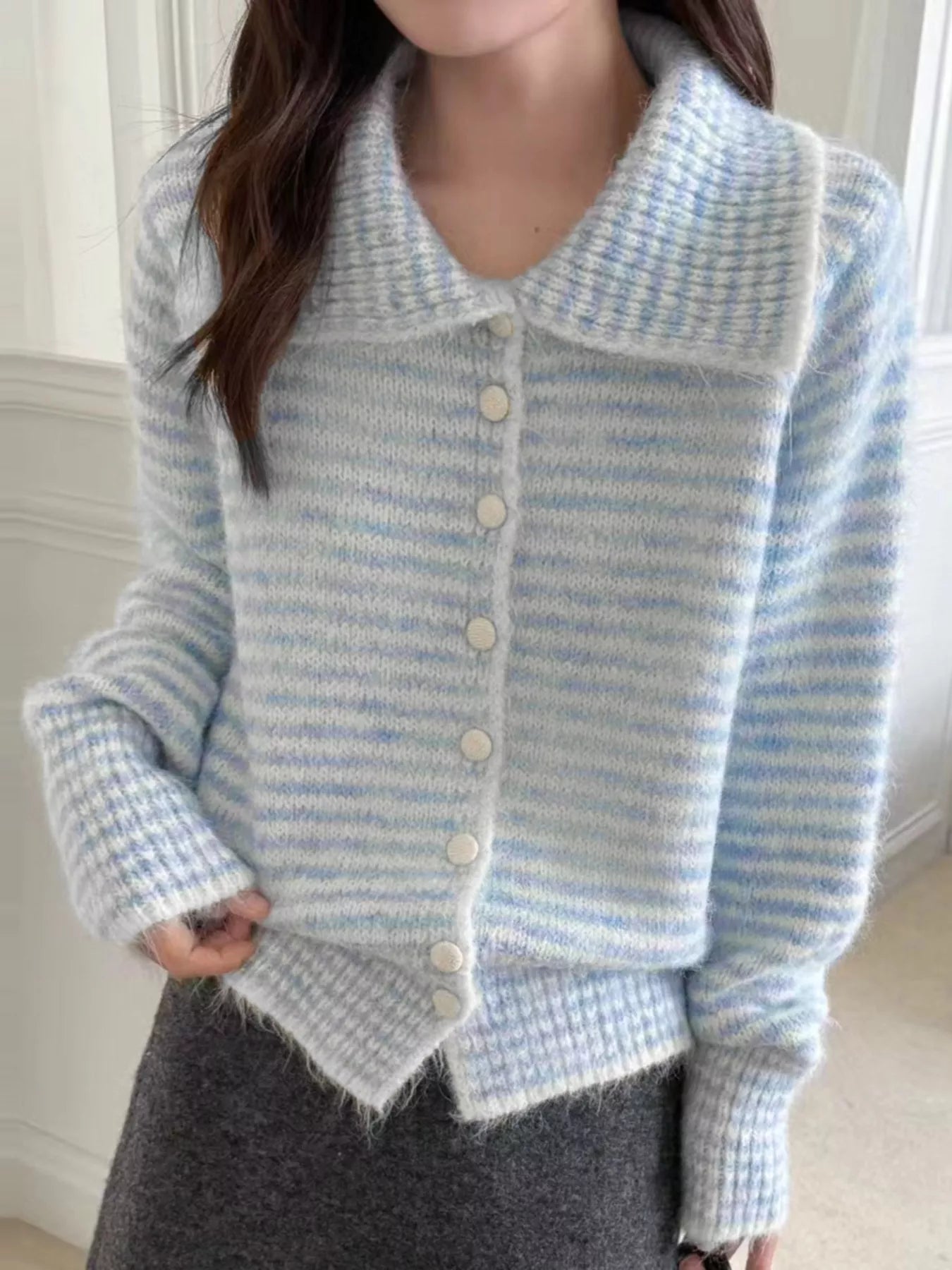 Sarah Express Women's Striped Knit Button-Down Cardigan - Cozy Acrylic Sweater