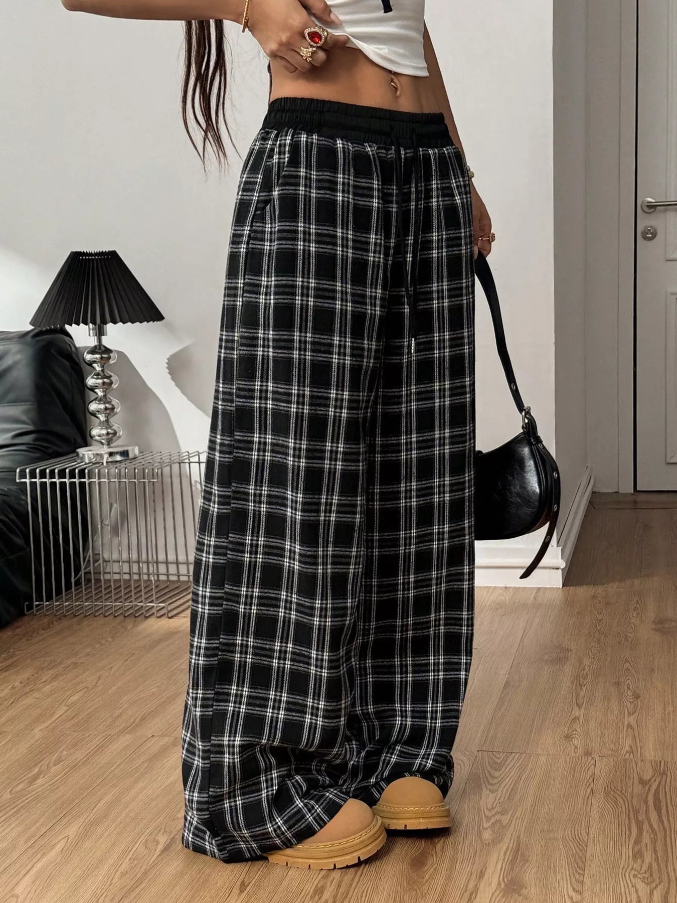 Sarah Express Women's Plaid Wide-Leg Pants with Elastic Waistband