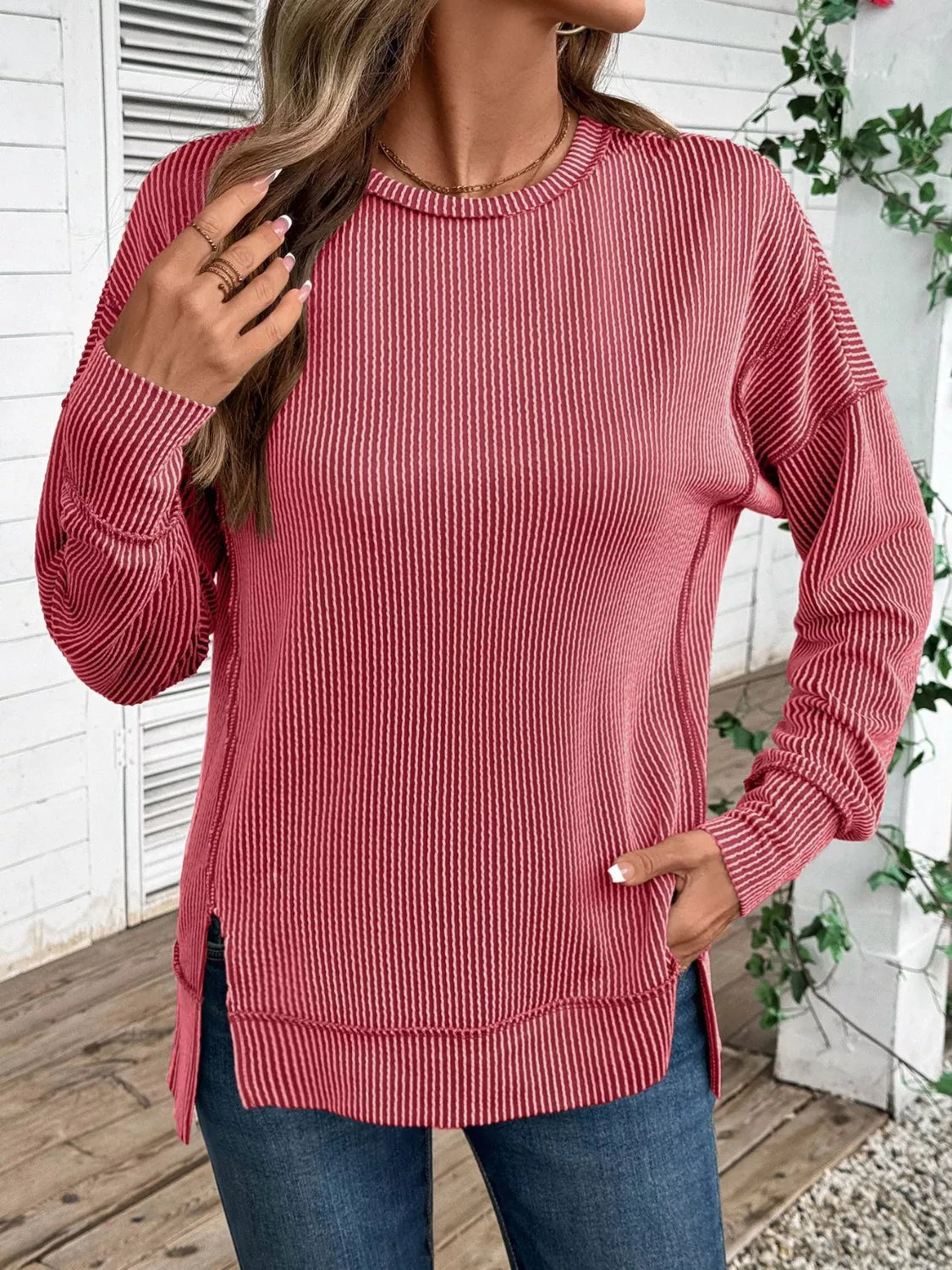 Sarah Express Women's Side Slit Round Neck Sweatshirt