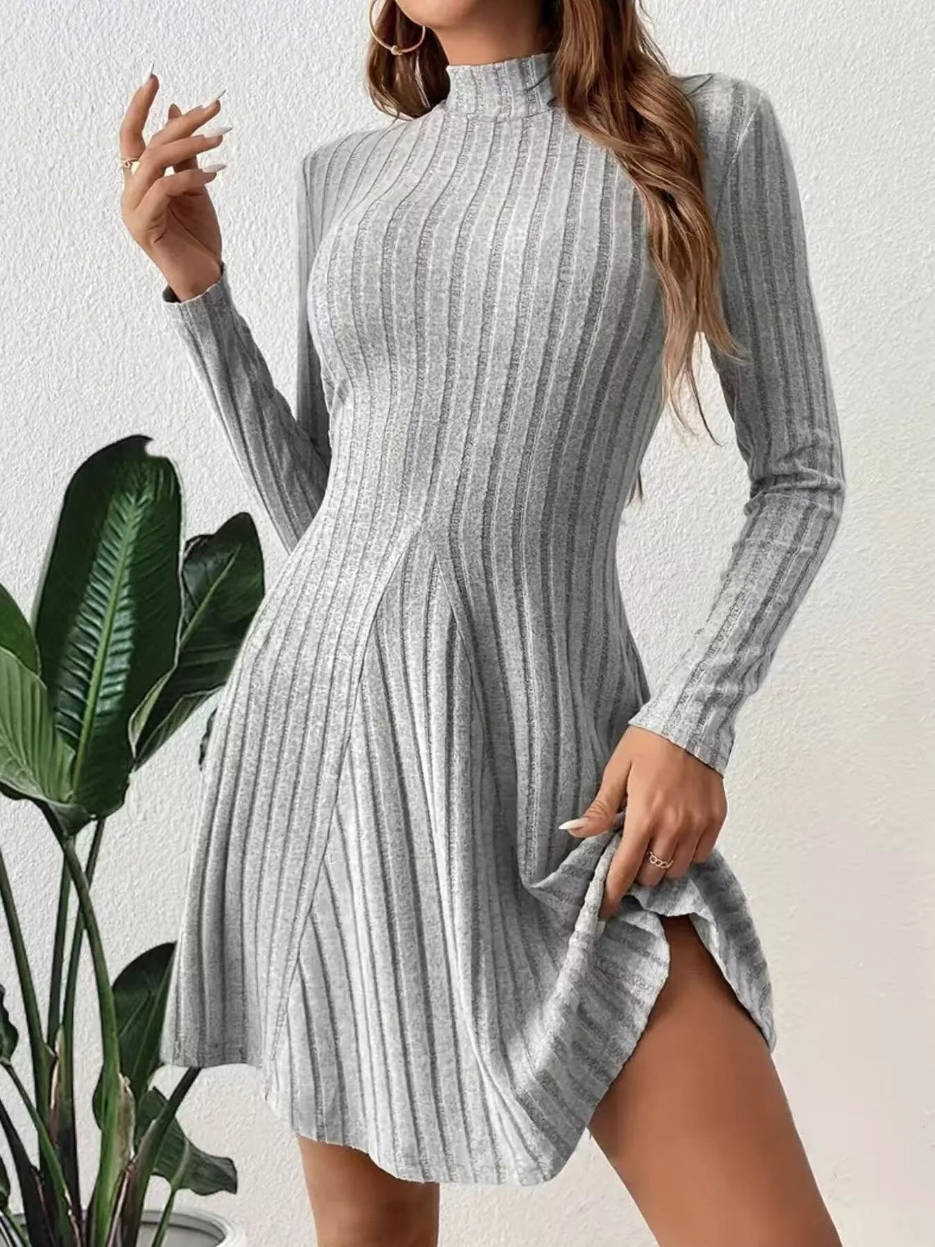 Sarah Express Women's Ribbed Knit Mock Neck Long Sleeve Mini Dress Gray