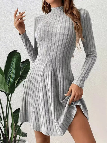 Sarah Express Women's Ribbed Knit Mock Neck Long Sleeve Mini Dress Gray