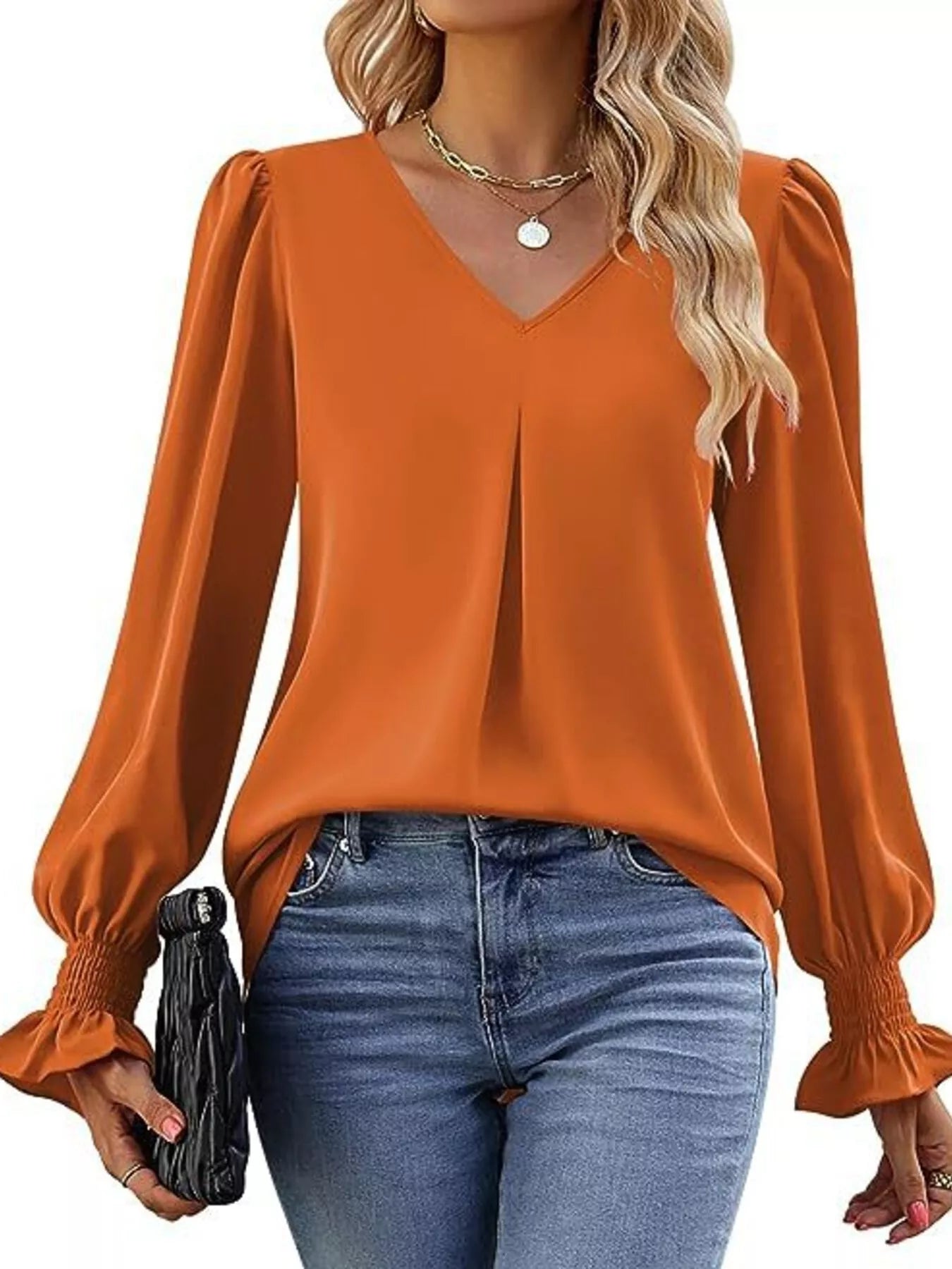 Sarah Express Women's V-Neck Long Sleeve Ruffle Cuff Blouse