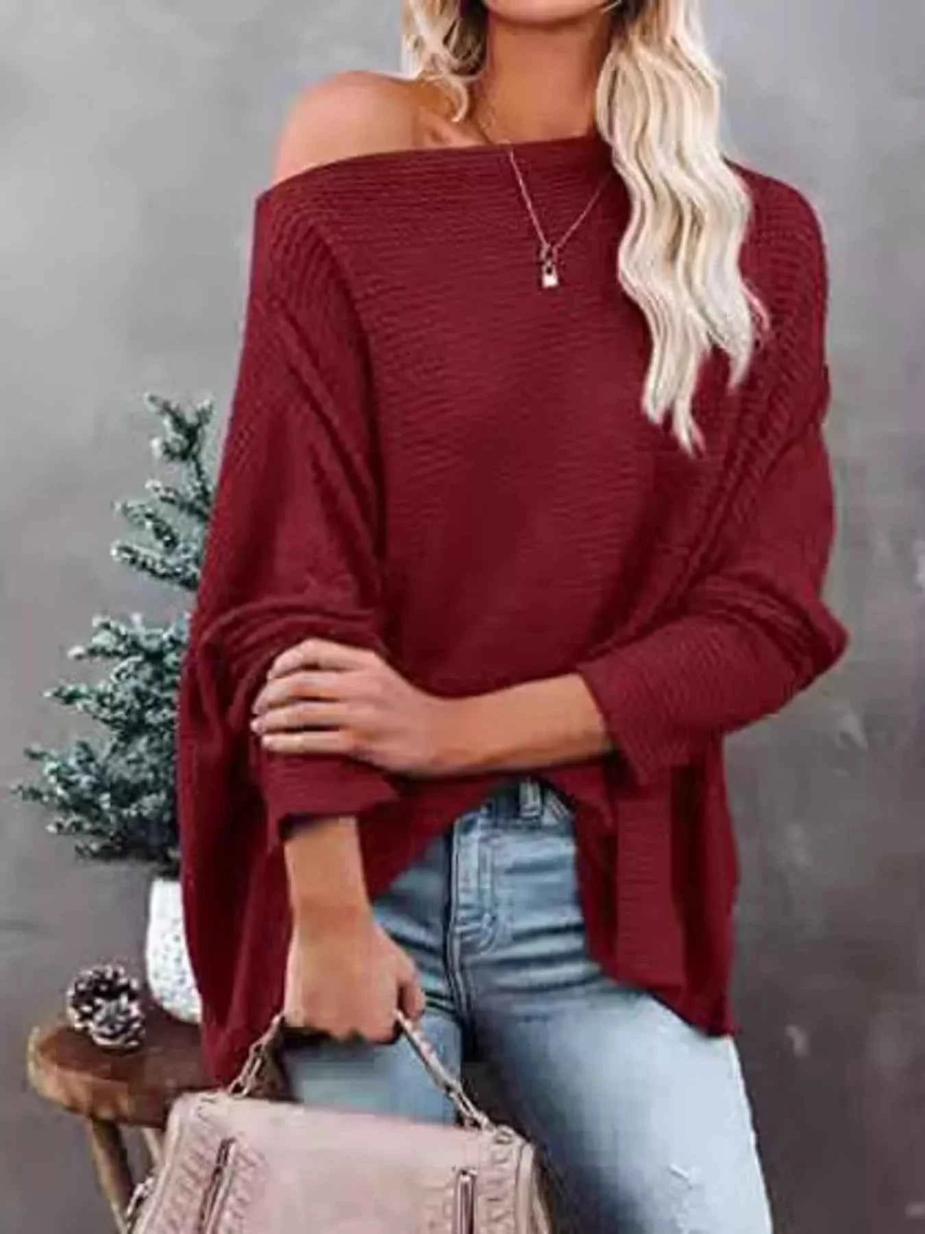 Sarah Express Women's Oversized Waffle Knit Boat Neck T-Shirt Burgundy