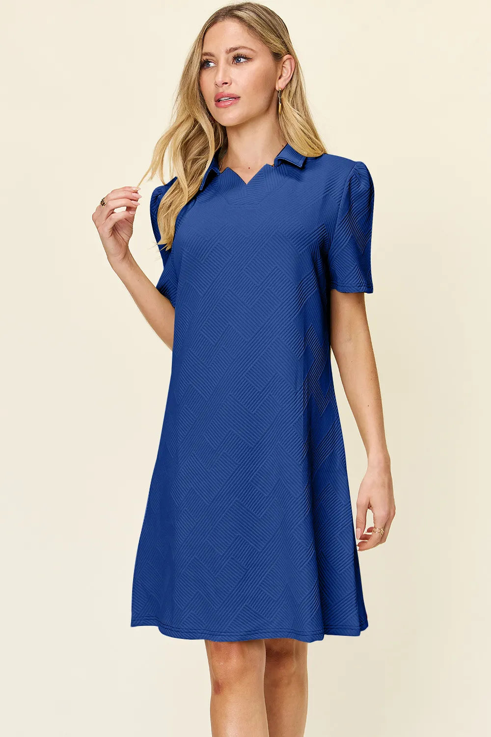 Sarah Express Women's Textured Collared Neck Short Sleeve Dress Royal Blue