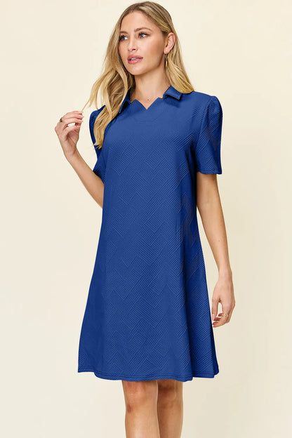 Sarah Express Women's Textured Collared Neck Short Sleeve Dress Royal Blue