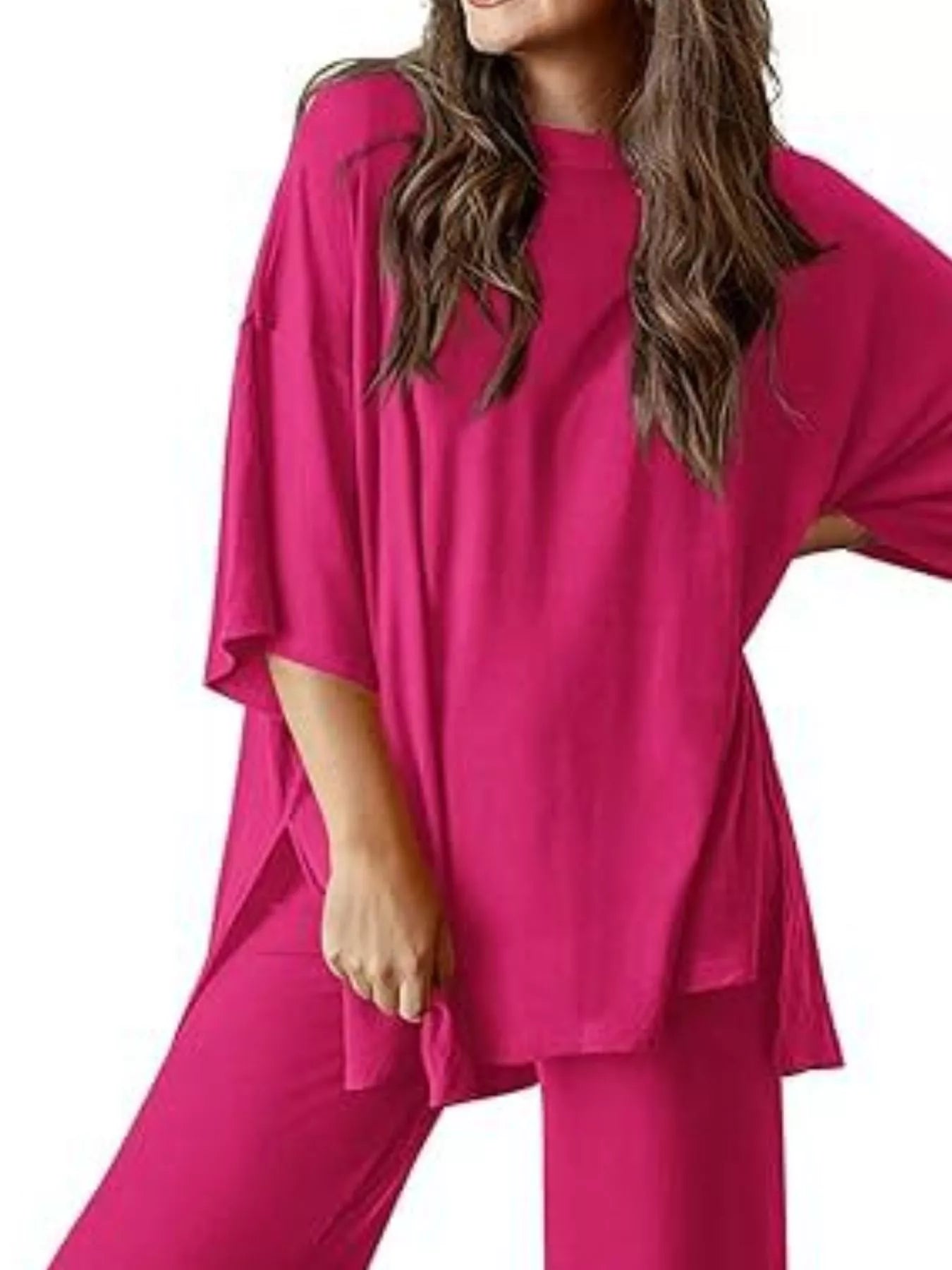 Sarah Express Women's Two Piece Slit Round Neck Top and Pants Set - Casual Loungewear Outfit