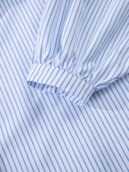 Sarah Express Women's Stripe Floral Embroidered Tunic Blouse - Billowy Sleeve Baggy Shirt