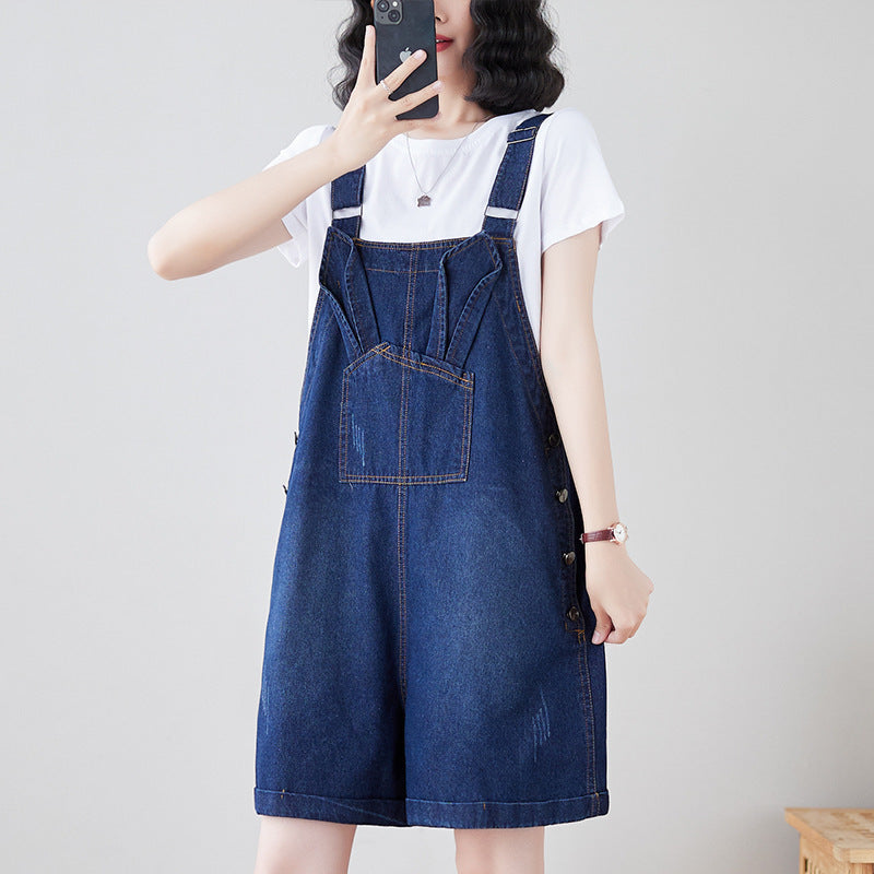 Sarah Express Denim Overalls Loose Straight Leg High Waist Suspender Pants