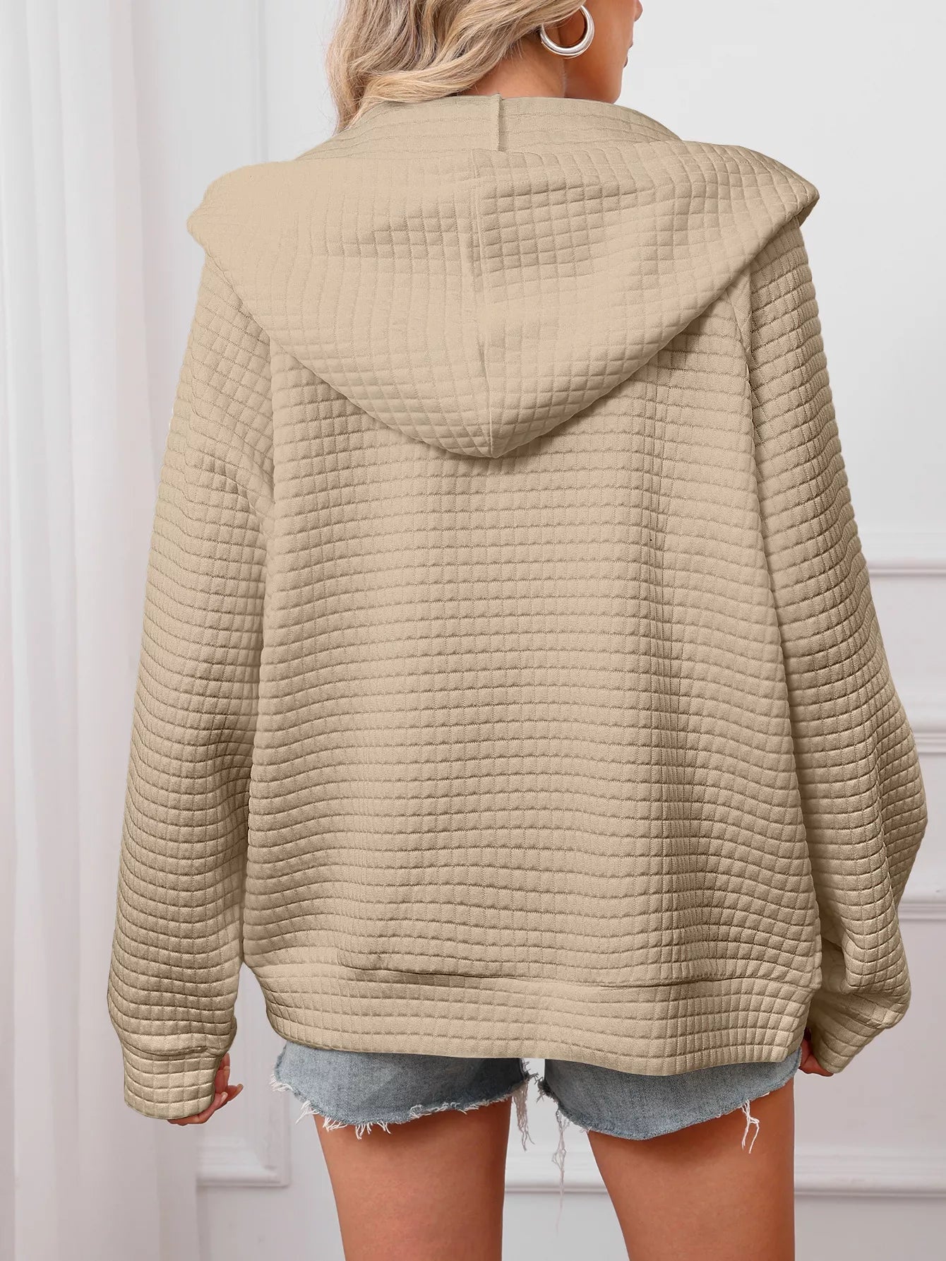 Sarah Express Women's Textured Quilted Zip-Up Hooded Jacket - Plus Size Lightweight Outerwear