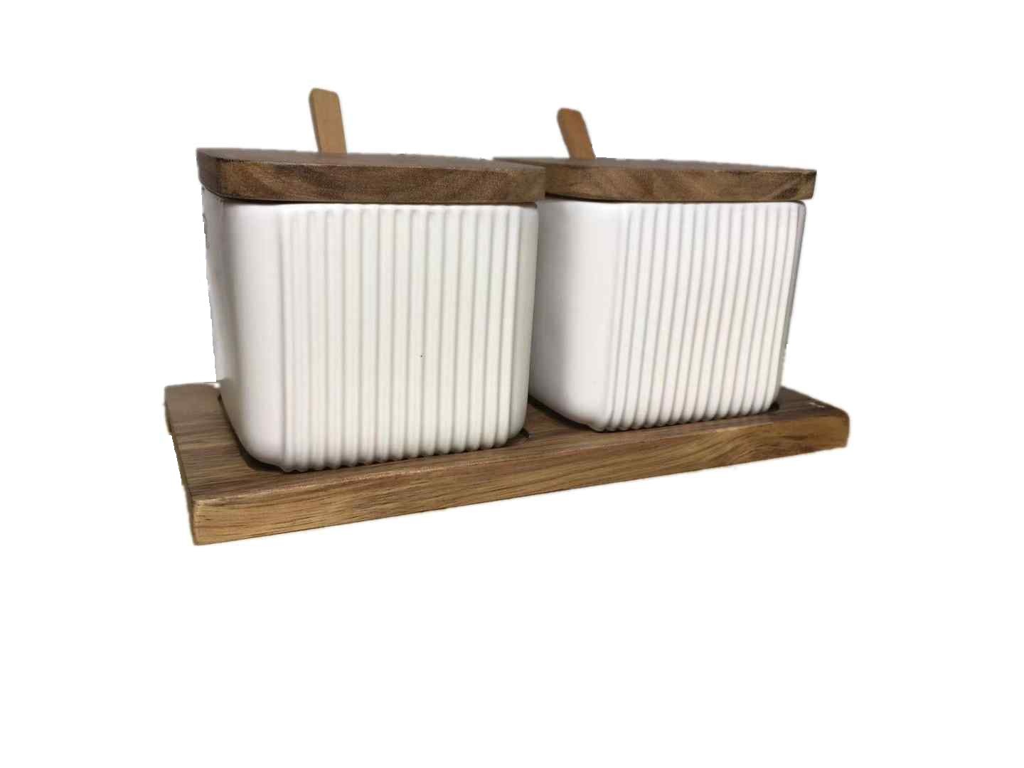 Sarah Express Ceramic Seasoning Jar Set with Wooden Lid - Kitchen Spice Storage Organizer Q2pcs White