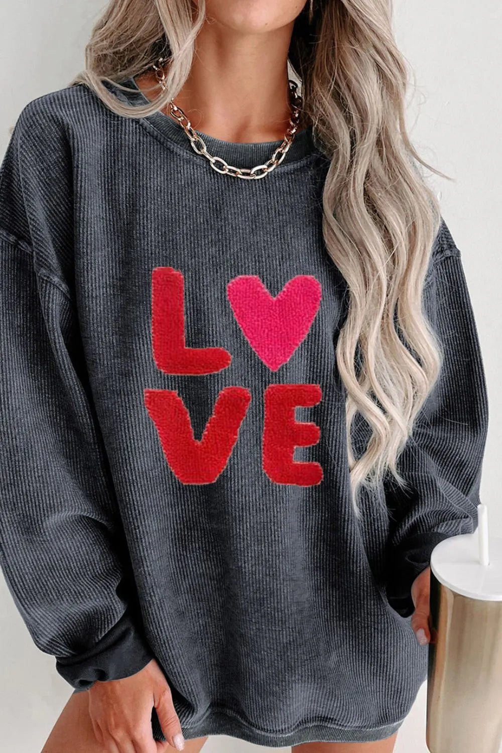 Sarah Express Women's Valentine's Day LOVE Round Neck Long Sleeve Sweatshirt Dark Gray