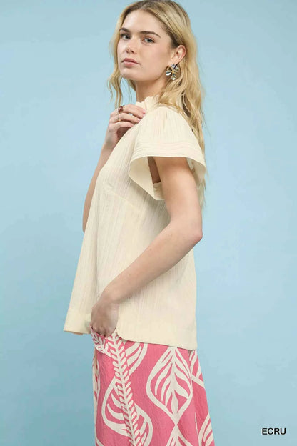 Sarah Express Women's Textured Flutter Sleeve Blouse with Notched V-Neck