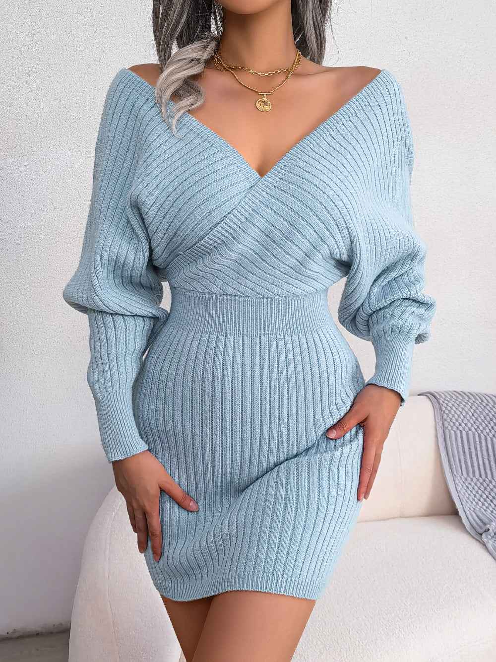 Sarah Express Women's Cross V-Neck Batwing Sleeve Bodycon Sweater Dress - High Waist Knit Dress