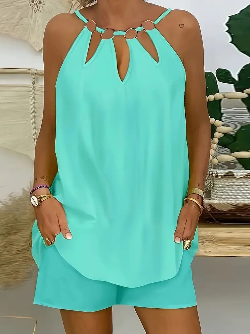 Sarah Express Two-Piece Halter Top Shorts Set Ring Detail Cut-Out