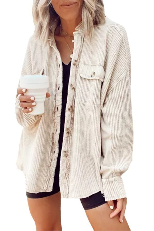 Sarah Express Patchwork Irregular Shirt Jacket Loose Fit Long Sleeve Acrylic Outerwear