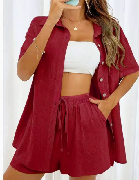 Sarah Express Women's Two-Piece Shirt & Shorts Set - Solid Color Cotton Coordinated Suit