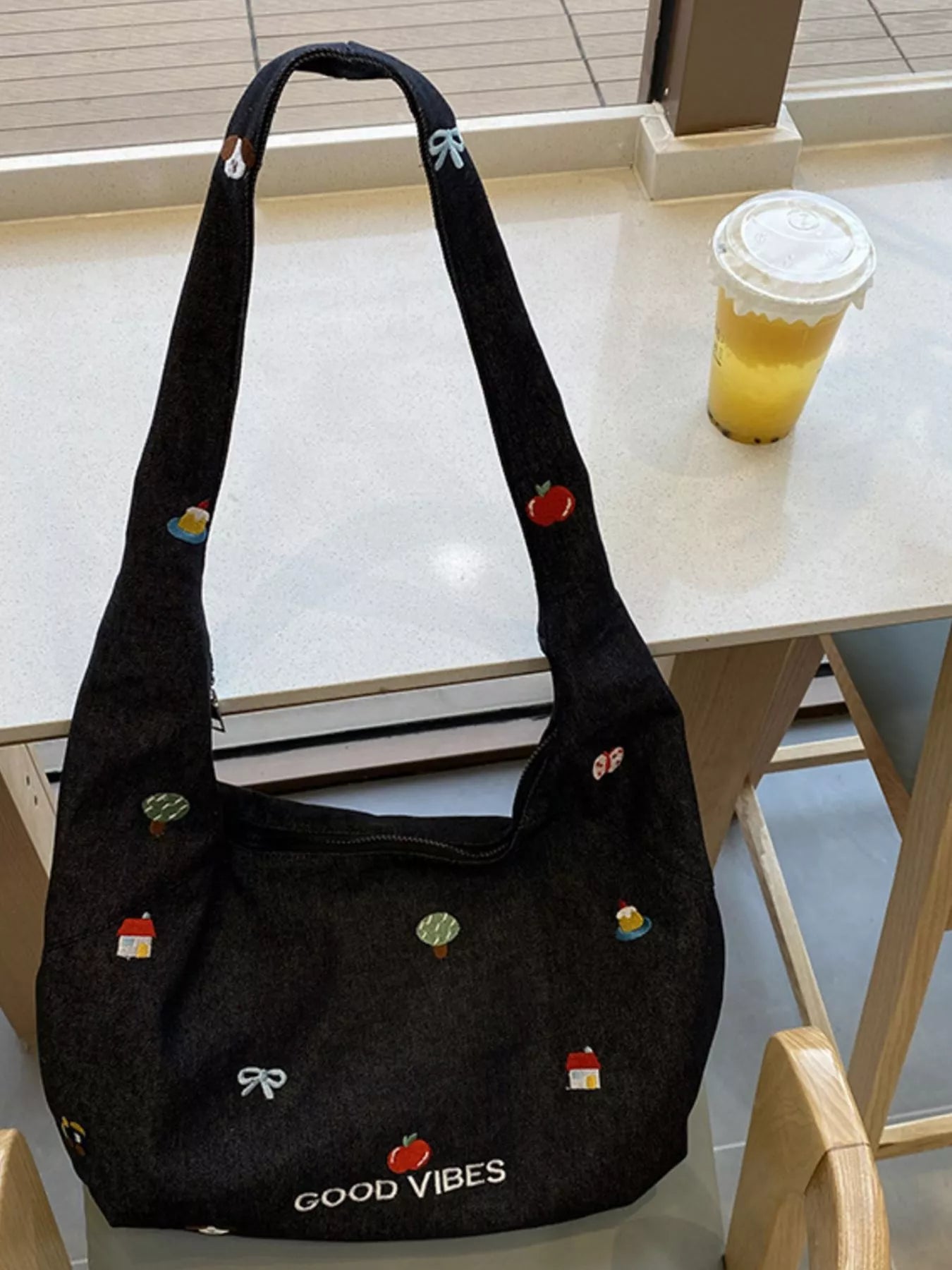 Sarah Express Women's Embroidered Denim Crossbody Bag Black ONESIZE