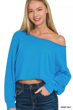 Trendsi Zenana French Terry Boatneck Crop Top DEEP SKY