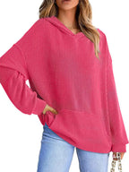 Sarah Express Women's Ribbed Oversized Hoodie Sweatshirt with Pocket Rose Red